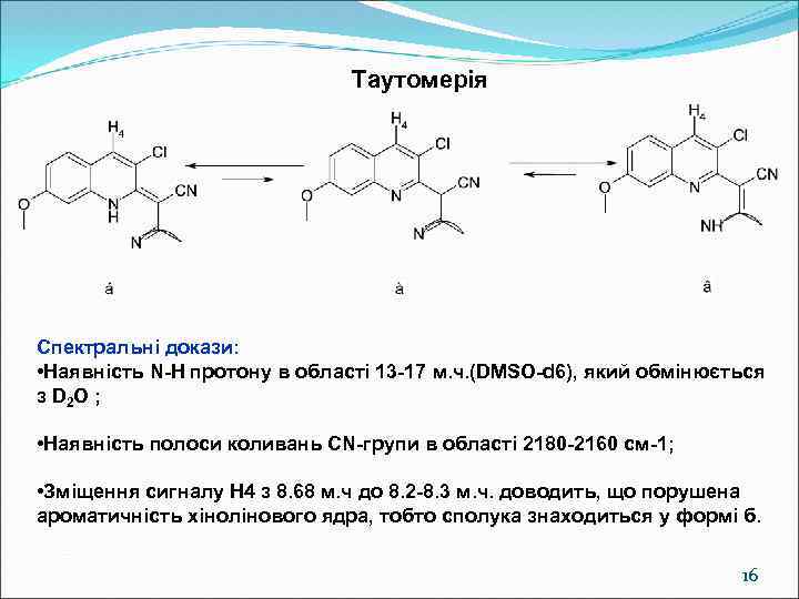 Таутомерія Спектральні докази: • Наявність N-H протону в області 13 -17 м. ч. (DMSO-d