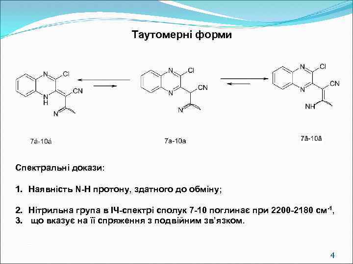 Таутомерні форми Спектральні докази: 1. Наявність N-H протону, здатного до обміну; 2. Нітрильна група