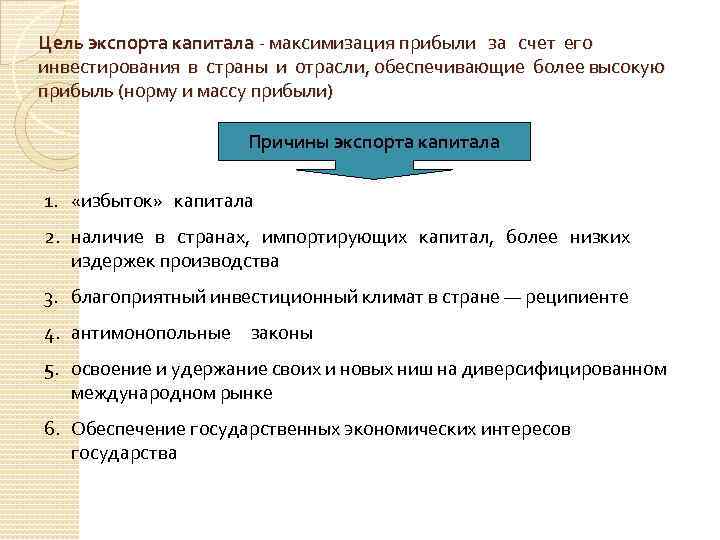 Цель экспорта капитала - максимизация прибыли за счет его инвестирования в страны и отрасли,