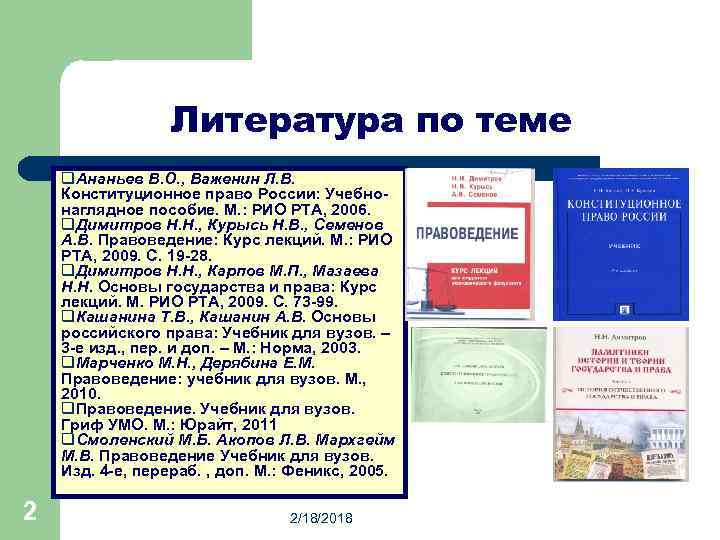 Литература по теме q. Ананьев В. О. , Важенин Л. В. Конституционное право России: