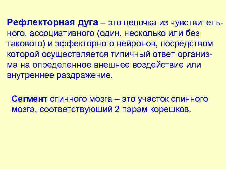 Рефлекторная дуга – это цепочка из чувствитель ного, ассоциативного (один, несколько или без такового)