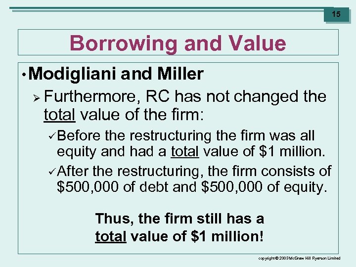 15 Borrowing and Value • Modigliani Ø and Miller Furthermore, RC has not changed