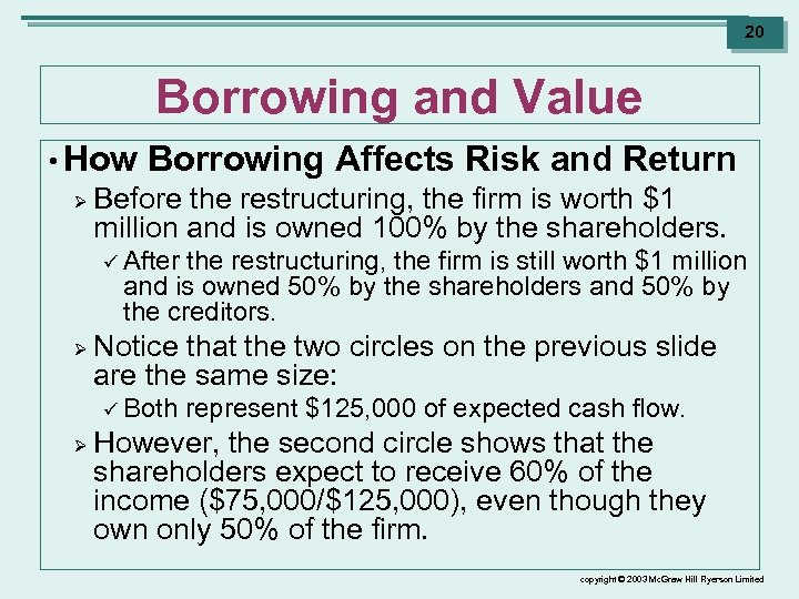 20 Borrowing and Value • How Borrowing Affects Risk and Return Ø Before the