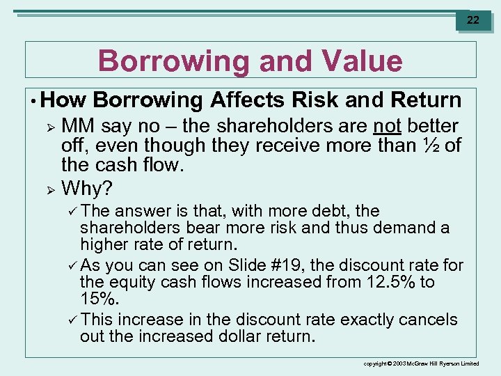 22 Borrowing and Value • How Borrowing Affects Risk and Return MM say no