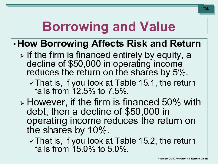 24 Borrowing and Value • How Ø Borrowing Affects Risk and Return If the