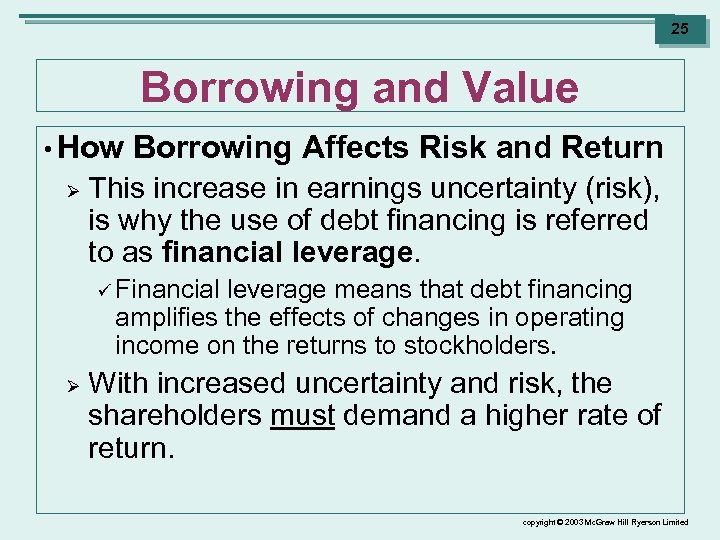 25 Borrowing and Value • How Ø Borrowing Affects Risk and Return This increase