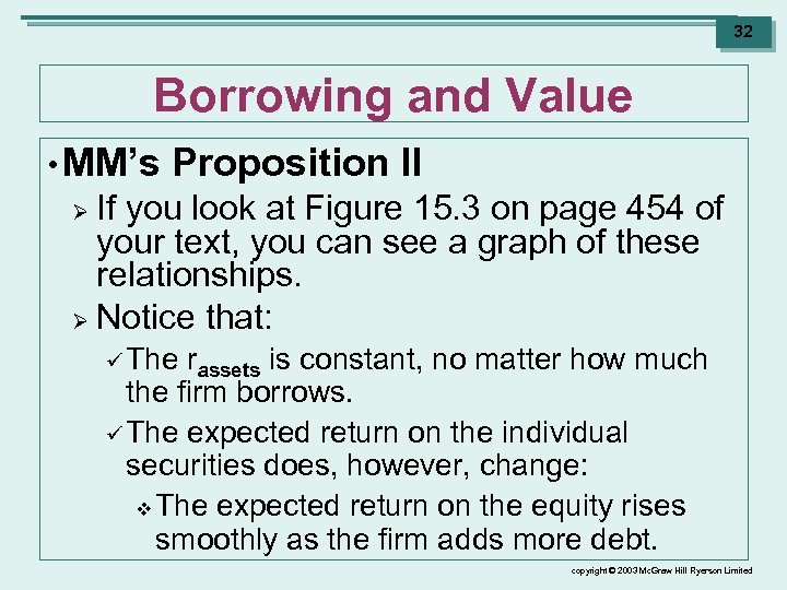 32 Borrowing and Value • MM’s Proposition II If you look at Figure 15.