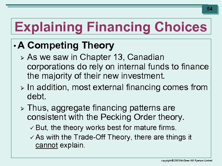 54 Explaining Financing Choices • A Ø Ø Ø Competing Theory As we saw