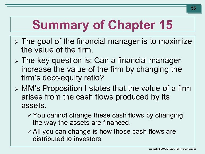 55 Summary of Chapter 15 Ø Ø Ø The goal of the financial manager