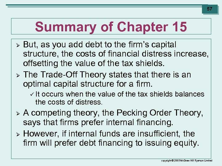 57 Summary of Chapter 15 Ø Ø But, as you add debt to the