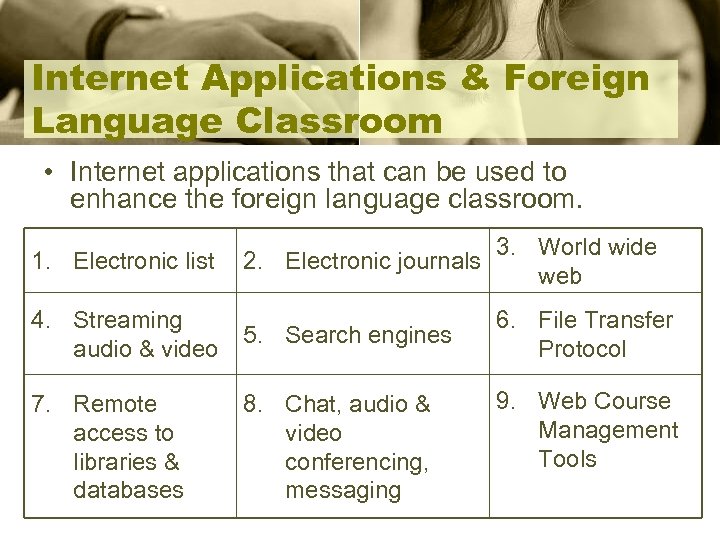 Internet Applications & Foreign Language Classroom • Internet applications that can be used to