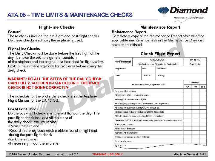 ATA 05 – TIME LIMITS & MAINTENANCE CHECKS Maintenance Report Flight-line Checks General These