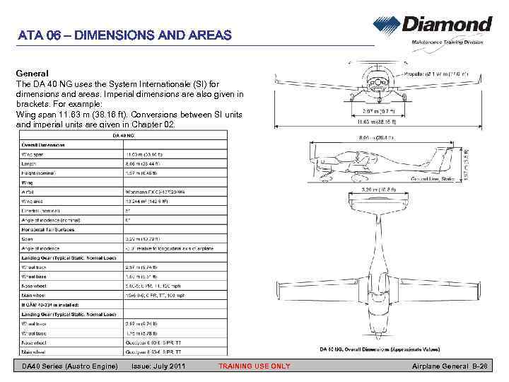 ATA 06 – DIMENSIONS AND AREAS General The DA 40 NG uses the System