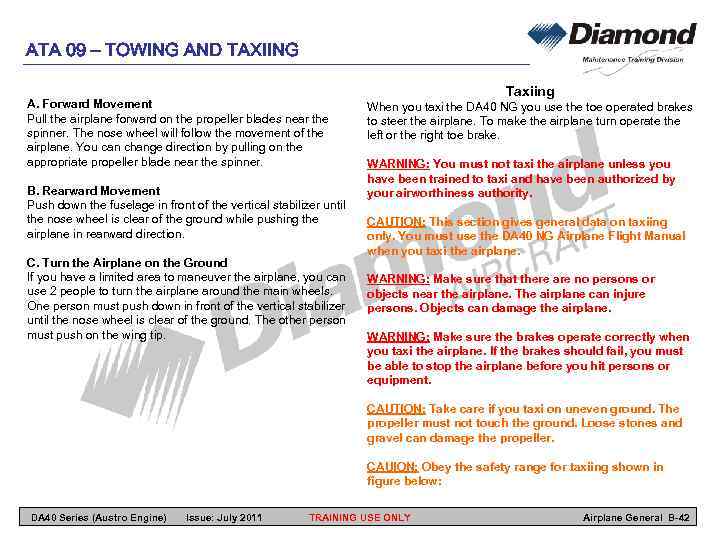 ATA 09 – TOWING AND TAXIING A. Forward Movement Pull the airplane forward on