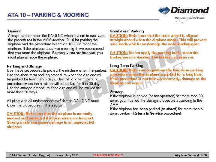 ATA 10 – PARKING & MOORING General Always park or moor the DA 40