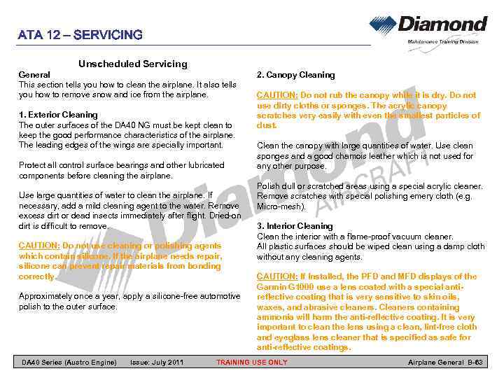 ATA 12 – SERVICING Unscheduled Servicing General This section tells you how to clean