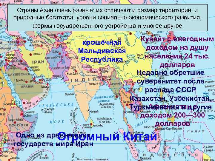 Страны Азии очень разные: их отличают и размер территории, и природные богатства, уровни социально-экономического