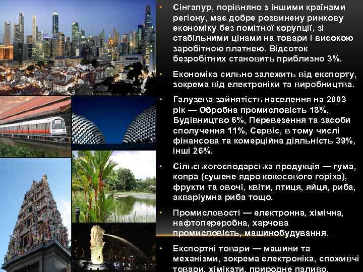  • Сінгапур, порівняно з іншими країнами регіону, має добре розвинену ринкову економіку без