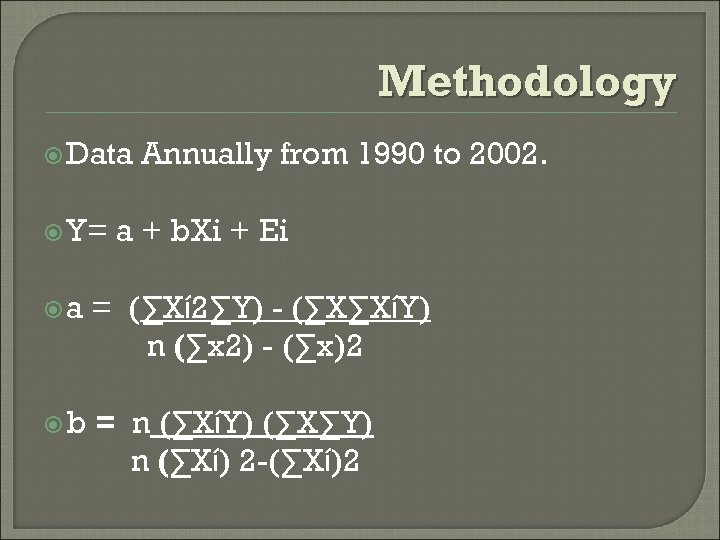 Methodology Data Y= Annually from 1990 to 2002. a + b. Xi + Ei
