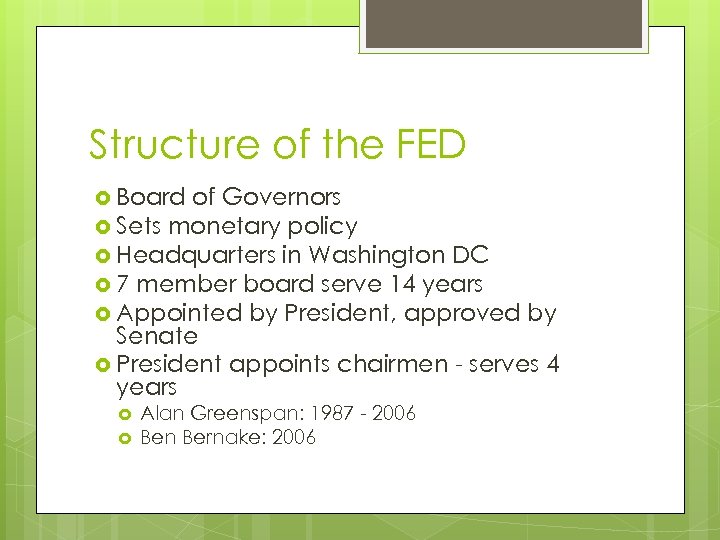 Structure of the FED Board of Governors Sets monetary policy Headquarters in Washington DC