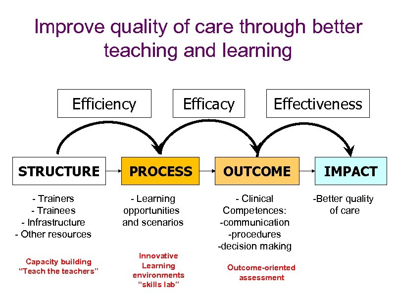 Improve quality of care through better teaching and learning Efficiency STRUCTURE - Trainers -