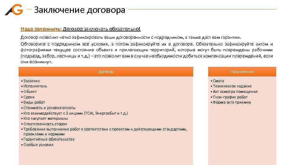 Заключение договора Надо запомнить: Договор заключать обязательно! Договор позволит четко зафиксировать ваши договоренности с