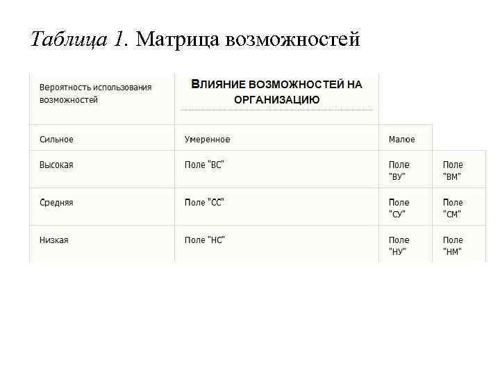 Таблица 1. Матрица возможностей 