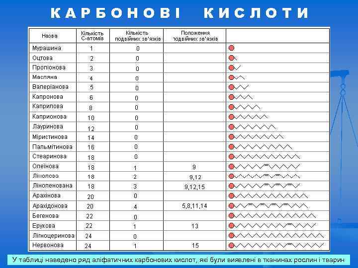 КАРБОНОВІ КИСЛОТИ У таблиці наведено ряд аліфатичних карбонових кислот, які були виявлені в тканинах