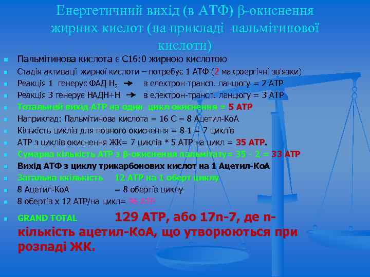 Енергетичний вихід (в АТФ) β-окиснення жирних кислот (на прикладі пальмітинової кислоти) n Пальмітинова кислота