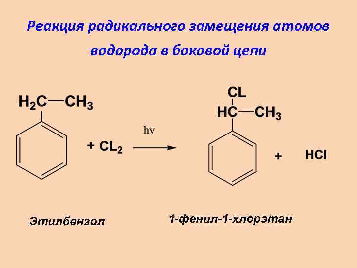 Реакция радикального замещения атомов водорода в боковой цепи Этилбензол 1 -фенил-1 -хлорэтан 