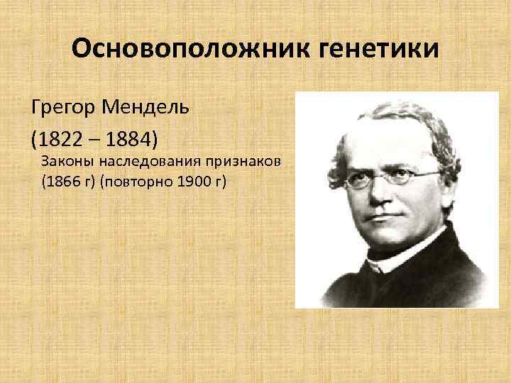 Основоположник генетики Грегор Мендель (1822 – 1884) Законы наследования признаков (1866 г) (повторно 1900