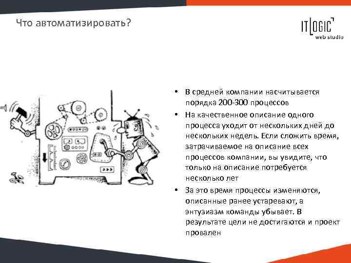 Что автоматизировать? • В средней компании насчитывается порядка 200 -300 процессов • На качественное