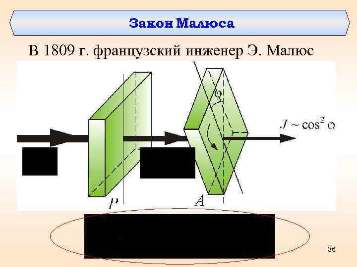 Закон Малюса В 1809 г. французский инженер Э. Малюс 36 
