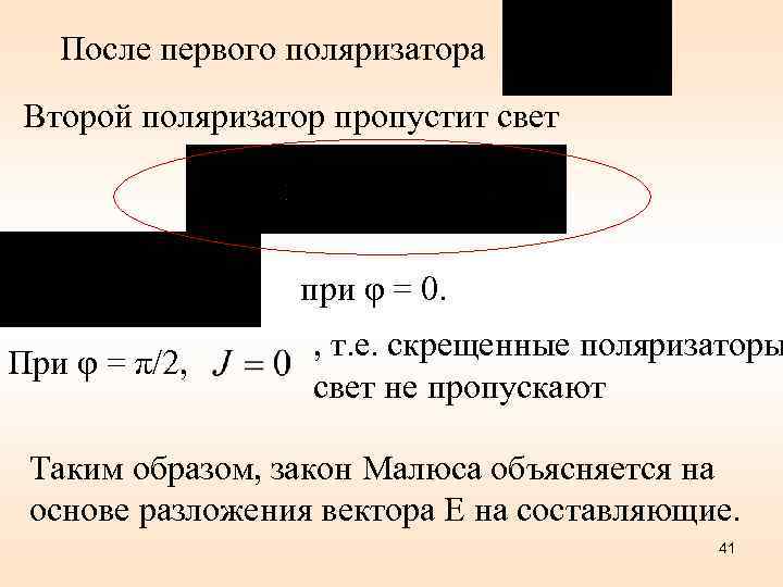 После первого поляризатора Второй поляризатор пропустит свет при φ = 0. При φ =