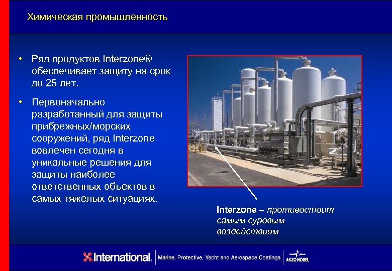Химическая промышленность • Ряд продуктов Interzone® обеспечивает защиту на срок до 25 лет. •