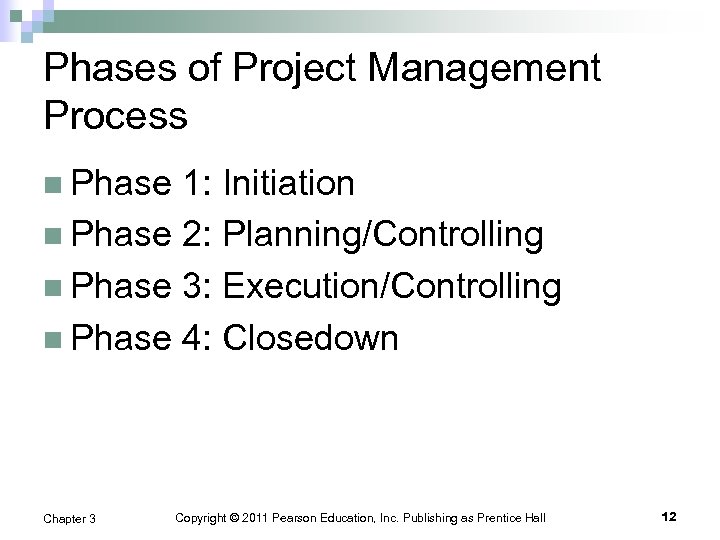 Phases of Project Management Process n Phase 1: Initiation n Phase 2: Planning/Controlling n