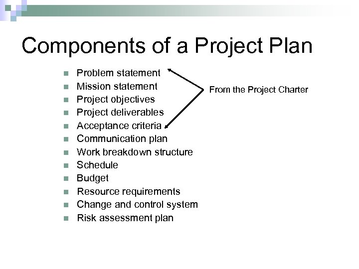 Components of a Project Plan n n n Problem statement Mission statement Project objectives