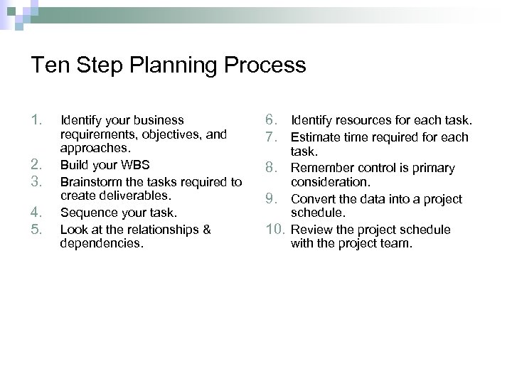 Ten Step Planning Process 1. 2. 3. 4. 5. Identify your business requirements, objectives,
