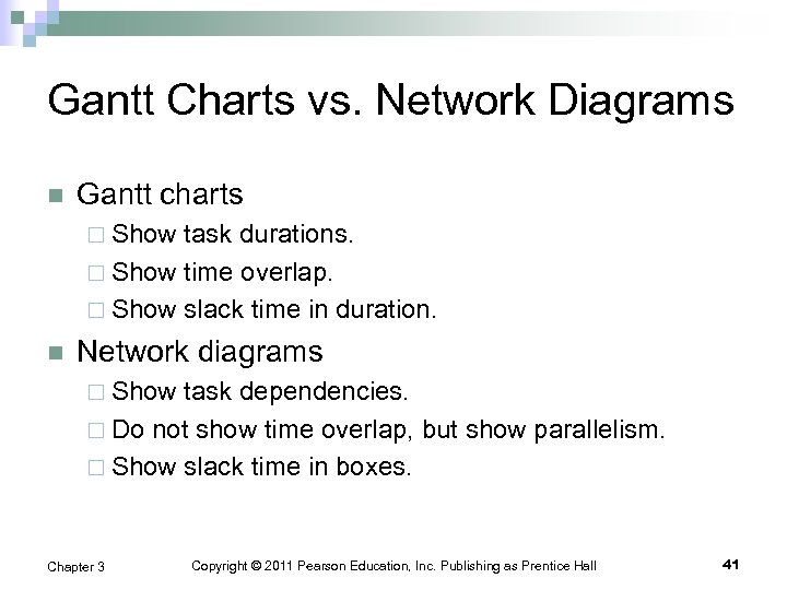 Gantt Charts vs. Network Diagrams n Gantt charts ¨ Show task durations. ¨ Show