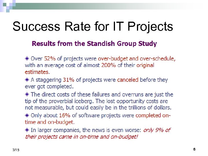 Success Rate for IT Projects 3/15/2018 Chapter 2 Copyright © 2011 Pearson Education, Inc.