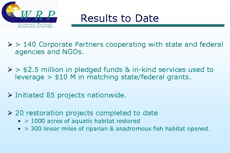 Results to Date Ø > 140 Corporate Partners cooperating with state and federal agencies