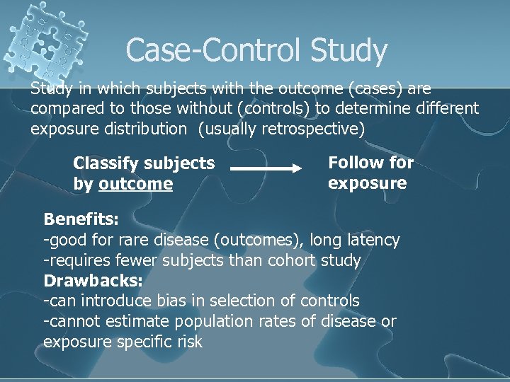 Case-Control Study in which subjects with the outcome (cases) are compared to those without