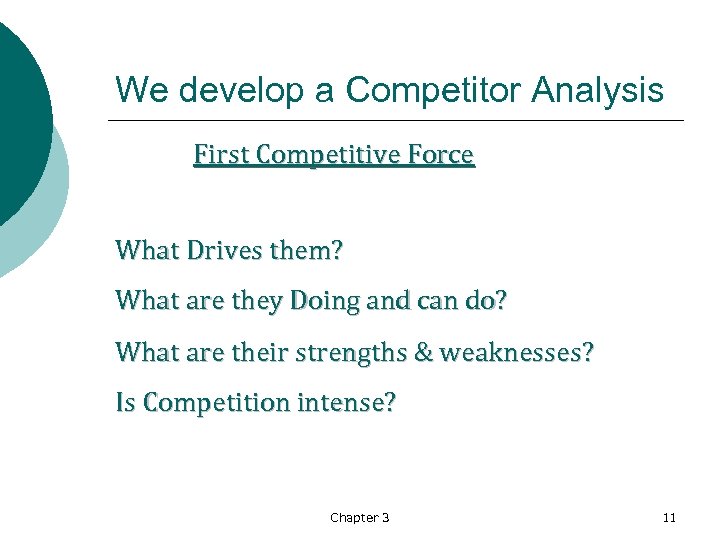 We develop a Competitor Analysis First Competitive Force What Drives them? What are they
