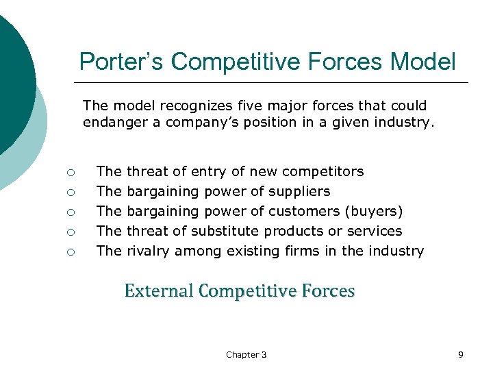 Porter’s Competitive Forces Model The model recognizes five major forces that could endanger a