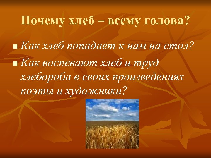 Почему хлеб – всему голова? Как хлеб попадает к нам на стол? n Как