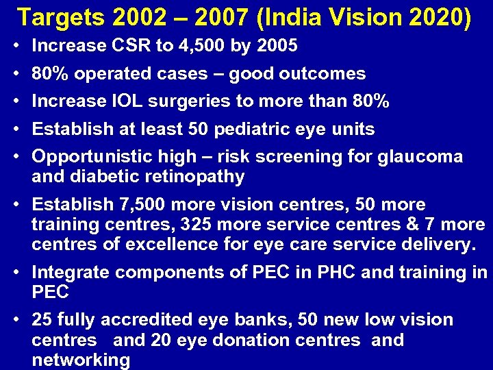 Targets 2002 – 2007 (India Vision 2020) • • • Increase CSR to 4,
