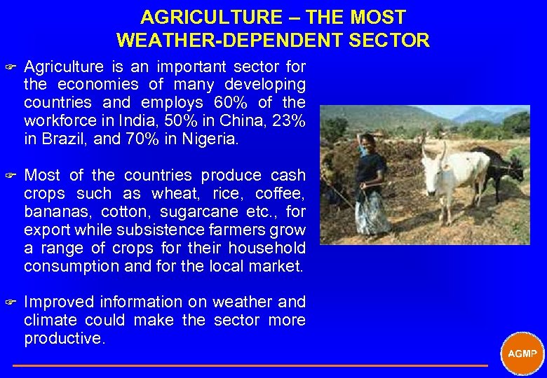 AGRICULTURE – THE MOST WEATHER-DEPENDENT SECTOR F Agriculture is an important sector for the