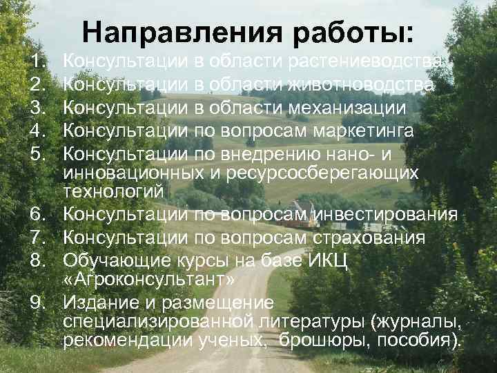 Направления работы: 1. 2. 3. 4. 5. 6. 7. 8. 9. Консультации в области