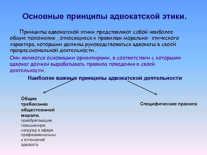 Основные принципы адвокатской этики. Принципы адвокатской этики представляют собой наиболее общие положения , относящиеся
