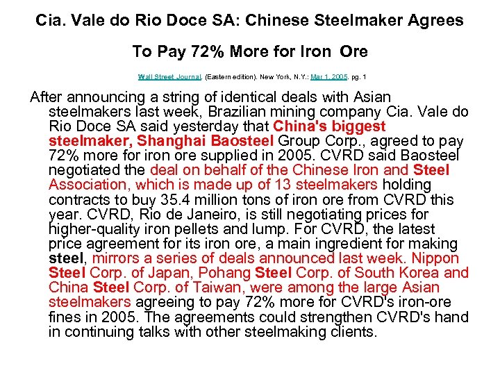 Cia. Vale do Rio Doce SA: Chinese Steelmaker Agrees To Pay 72% More for